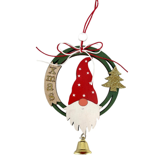 Green Gnome and Christmas Tree Wood Christmas Ornament with Hanging Bell 6 Inch