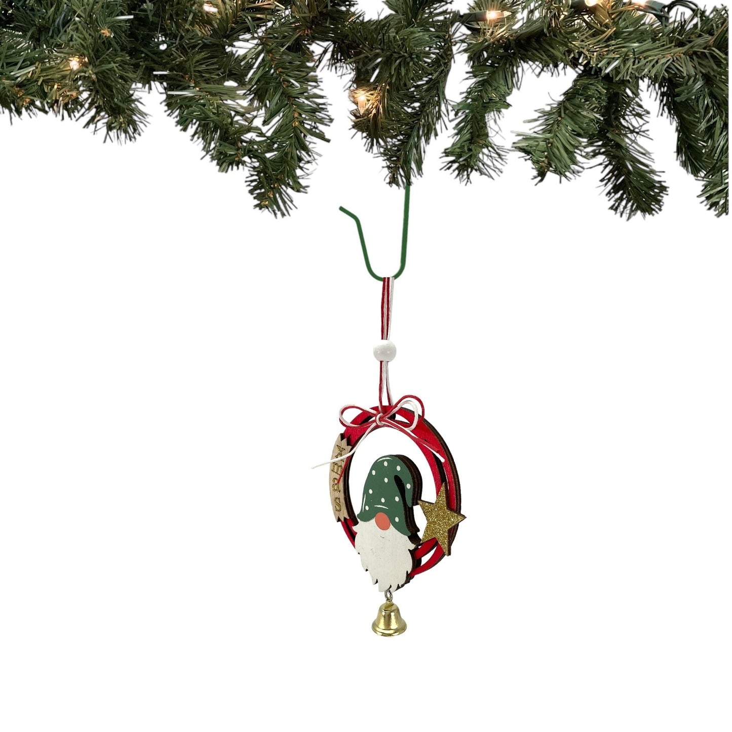 Red Gnome and Gold Star Wood Christmas Ornament with Hanging Bell 6 Inch