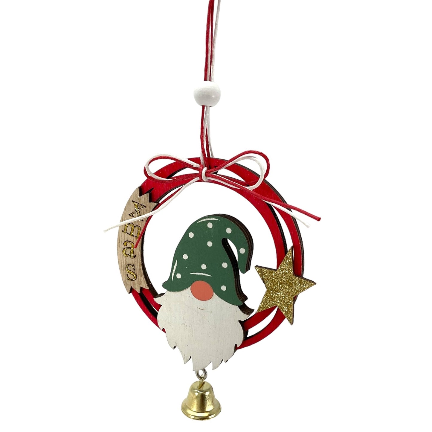 Red Gnome and Gold Star Wood Christmas Ornament with Hanging Bell 6 Inch