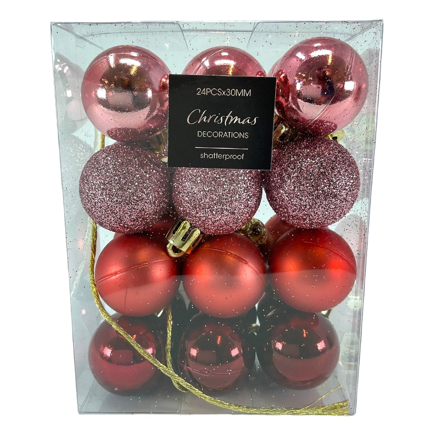 1 Inch Shiny Matte and Glitter Pink Plastic Christmas Ball Ornaments 24 Piece Set