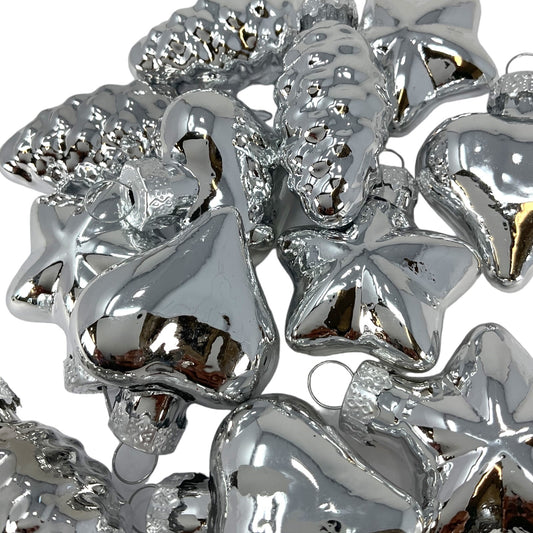 2 Inch Small Silver Heart Star and Pinecone Glass Christmas Tree Ornaments 12 Piece Set