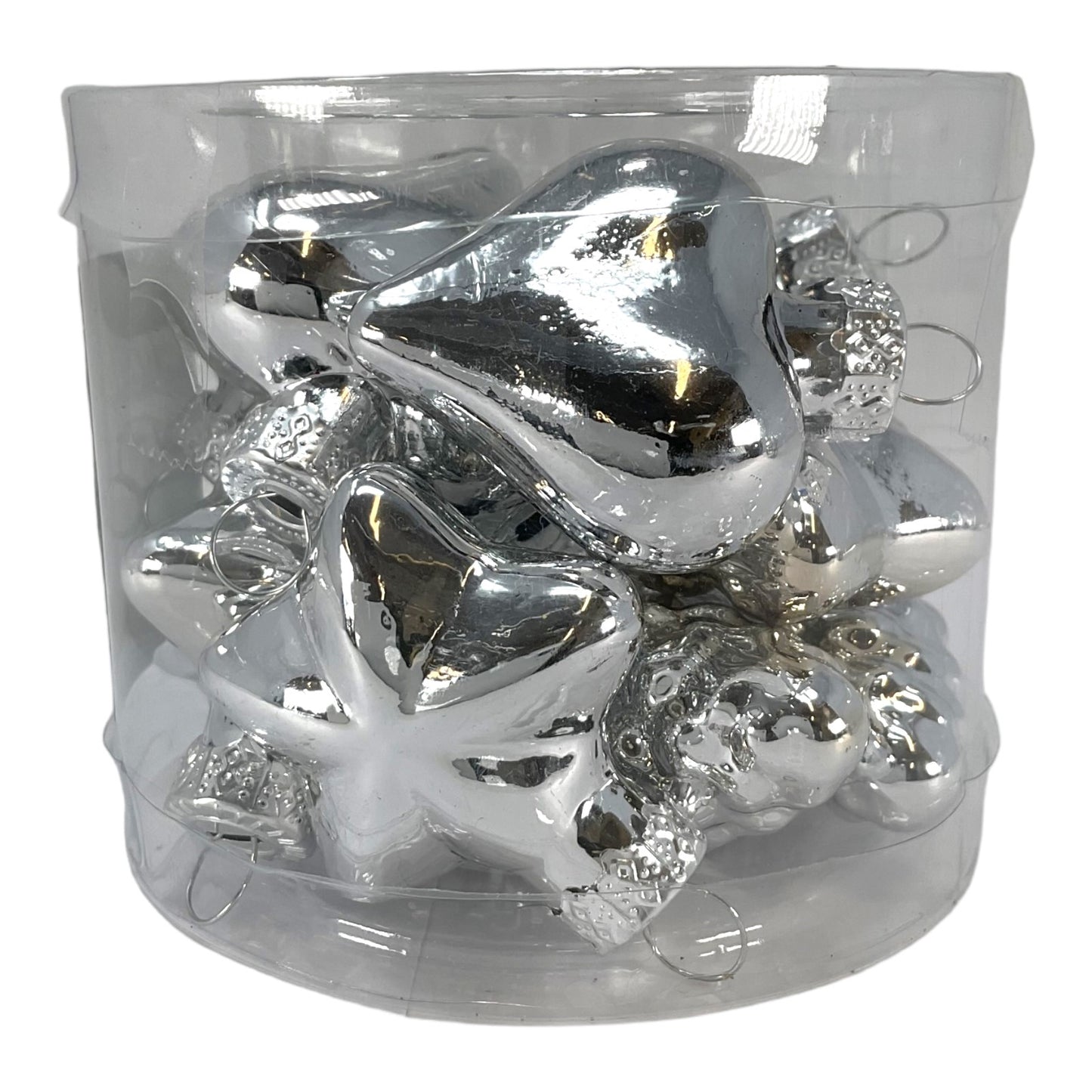 2 Inch Small Silver Heart Star and Pinecone Glass Christmas Tree Ornaments 12 Piece Set