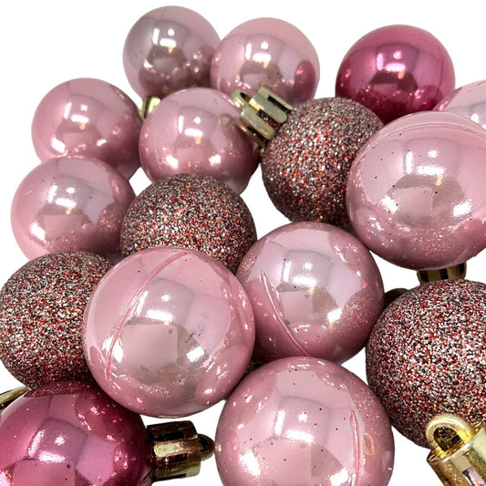 1 Inch Shiny and Glitter Pink Plastic Christmas Ball Ornaments 24 Piece Set