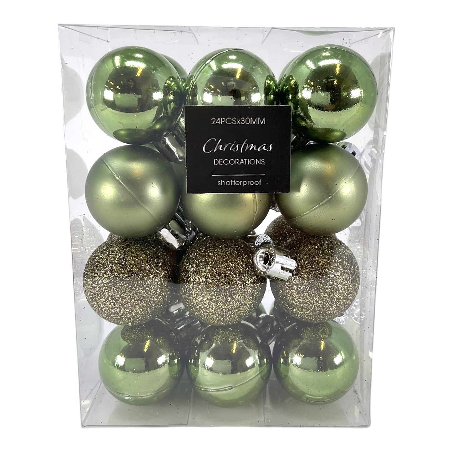1 Inch Shiny Matte and Glitter Green Plastic Ball Christmas Tree Ornaments 24 Piece