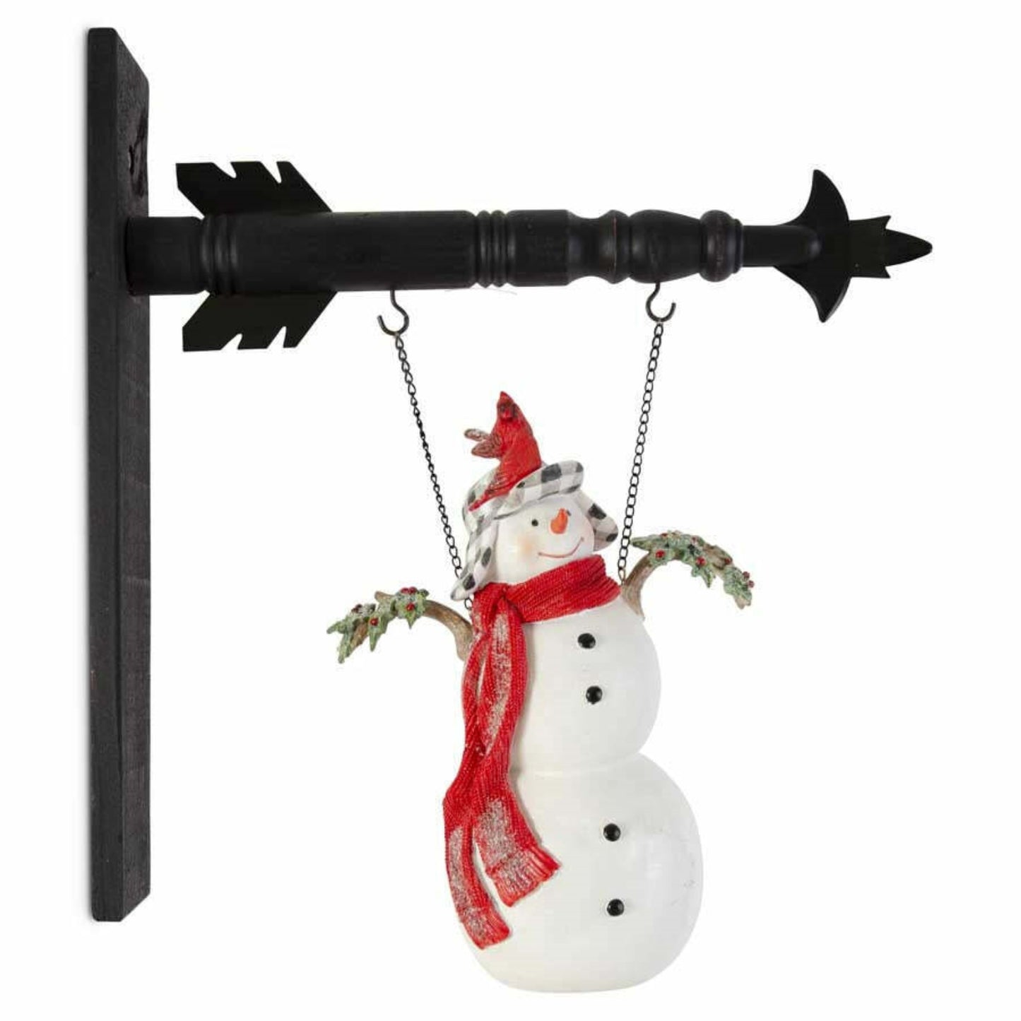 K&K Interiors White Glittered Resin Snowman with Cardinals Arrow Replacement 14 inch - Arrow Sold Separately
