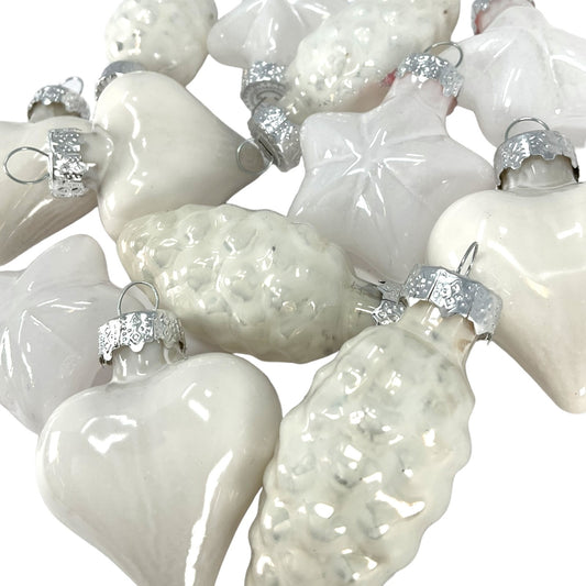 1.5 Inch Heart Pinecone and Star White Glass Christmas Tree Ornaments 12 Piece Set