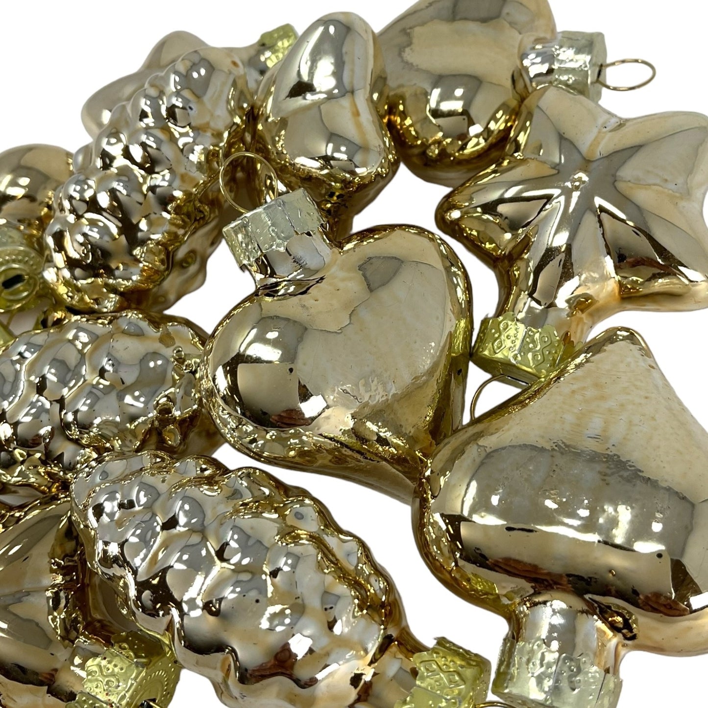 2 Inch Small Gold Heart Star and Pinecone Glass Christmas Tree Ornaments 12 Piece Set