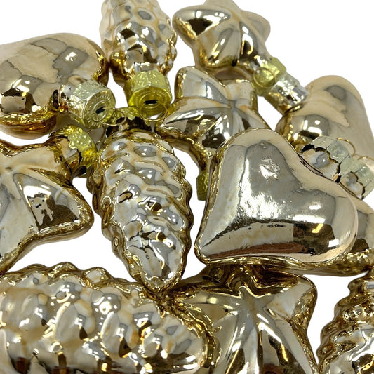 2 Inch Small Gold Heart Star and Pinecone Glass Christmas Tree Ornaments 12 Piece Set