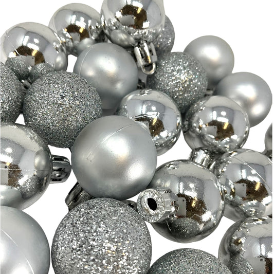 1 Inch Shiny Matte and Glitter Silver Plastic Christmas Ball Ornaments 24 Piece Set