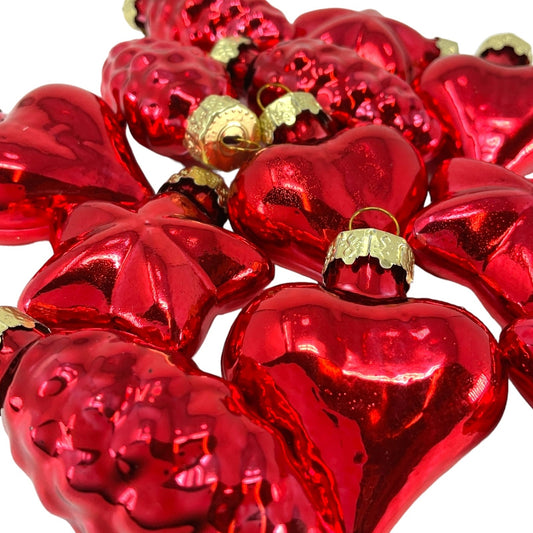 2 Inch Small Red Heart Star and Pinecones Glass Christmas Tree Ornaments 12 Piece Set
