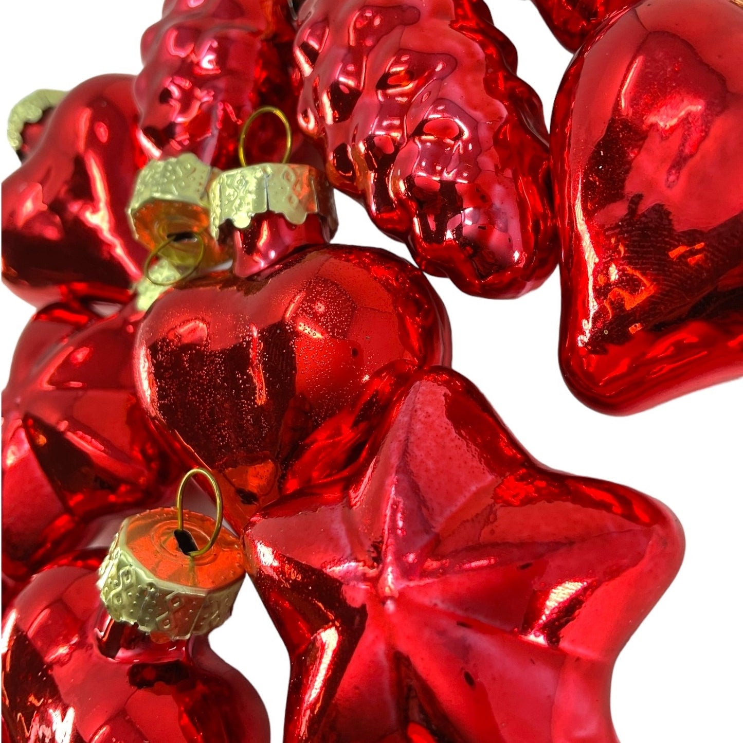 2 Inch Small Red Heart Star and Pinecones Glass Christmas Tree Ornaments 12 Piece Set