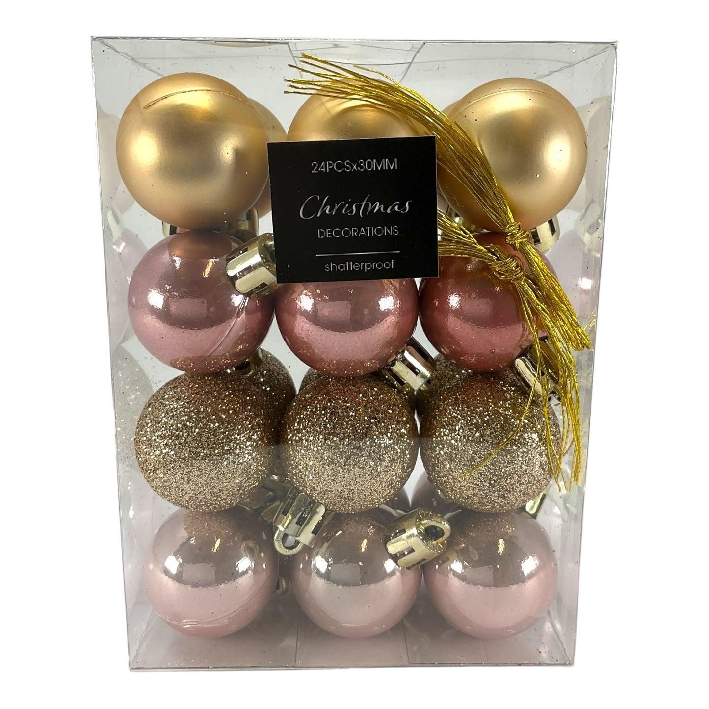 1 Inch Shiny Matte and Glitter Gold and Pink Christmas Ball Ornaments 24 Piece Set