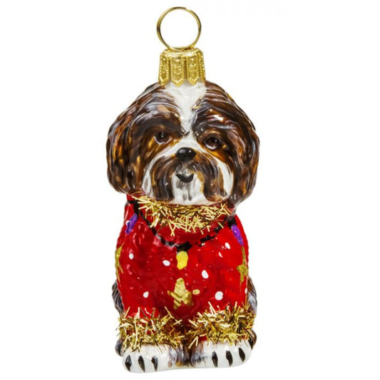 Joy to the World Brown And White Shih Tzu Ugly Christmas Sweater Polish Glass Christmas Ornament