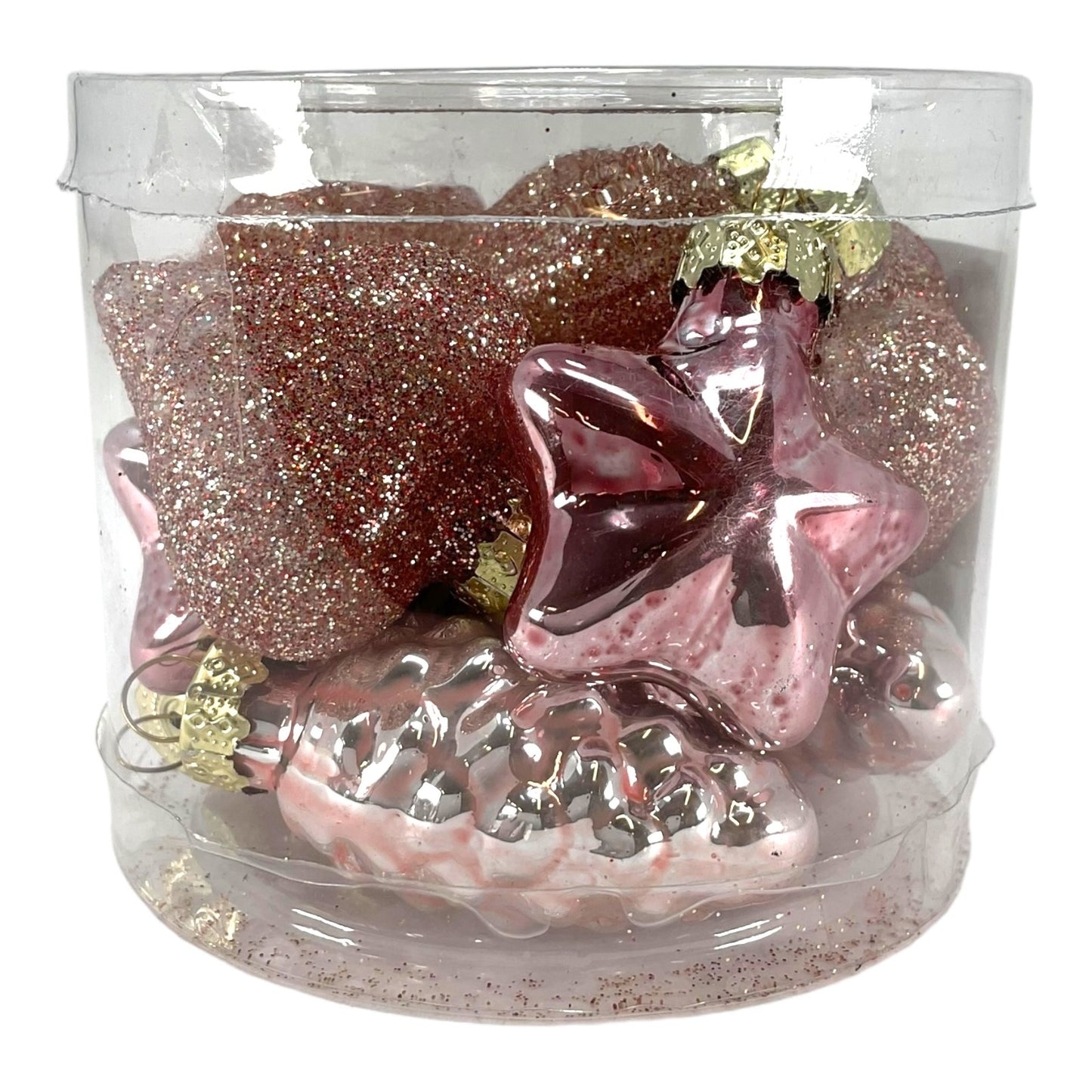 1.5 Inch Heart Pinecone and Star Pink Glass Christmas Tree Ornaments 12 Piece Set