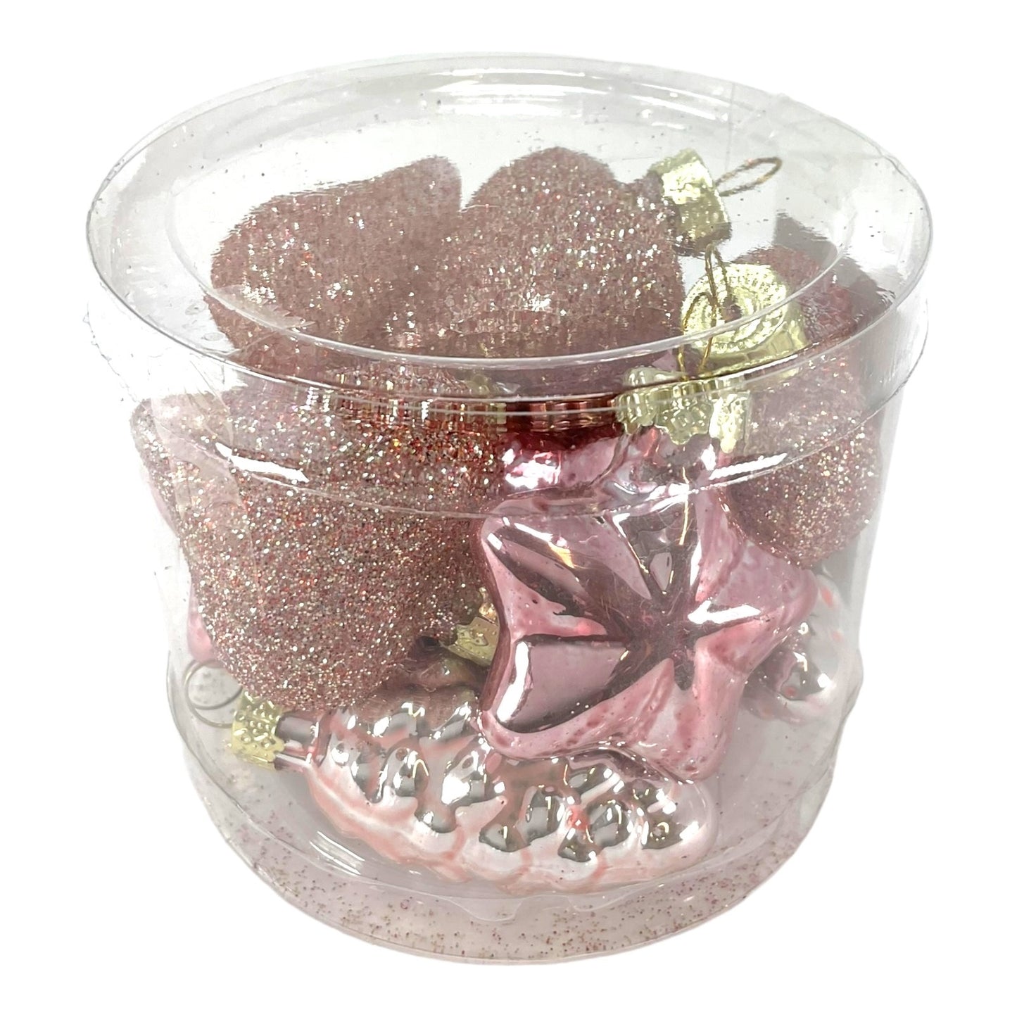 1.5 Inch Heart Pinecone and Star Pink Glass Christmas Tree Ornaments 12 Piece Set
