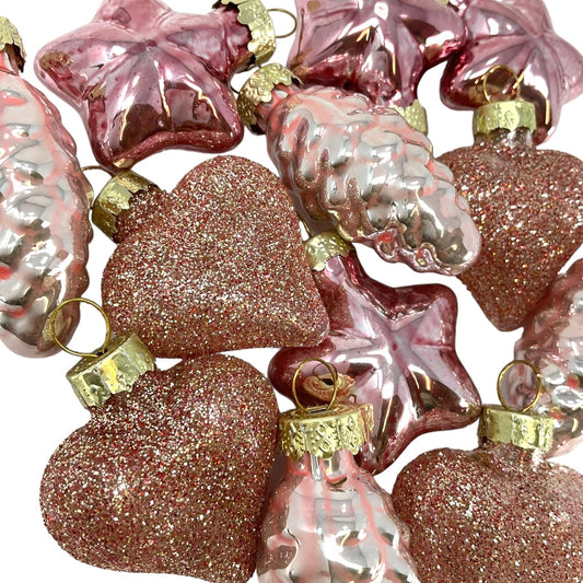 1.5 Inch Heart Pinecone and Star Pink Glass Christmas Tree Ornaments 12 Piece Set