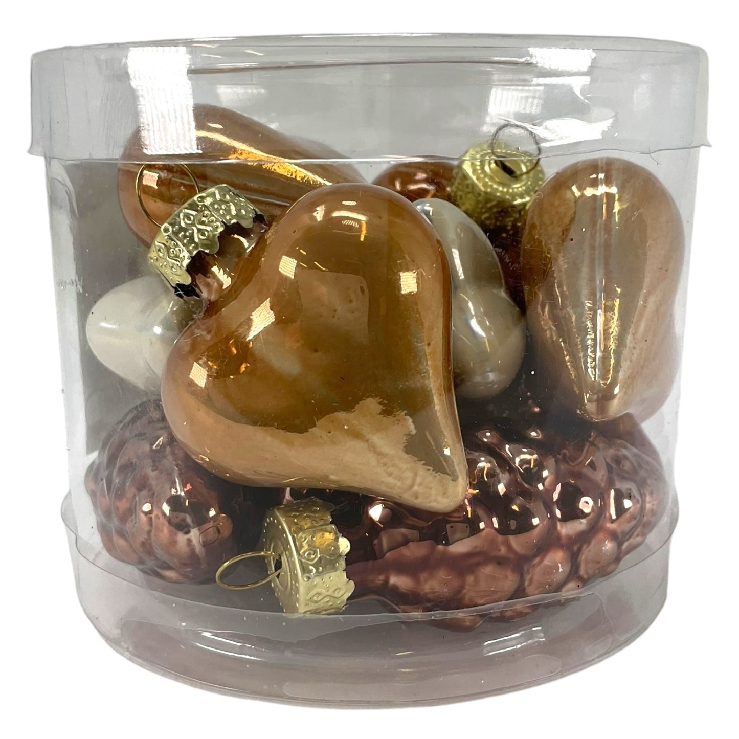 1.5 Inch Heart Pinecone and Star Brown and White Glass Christmas Ornaments 12 Piece Set