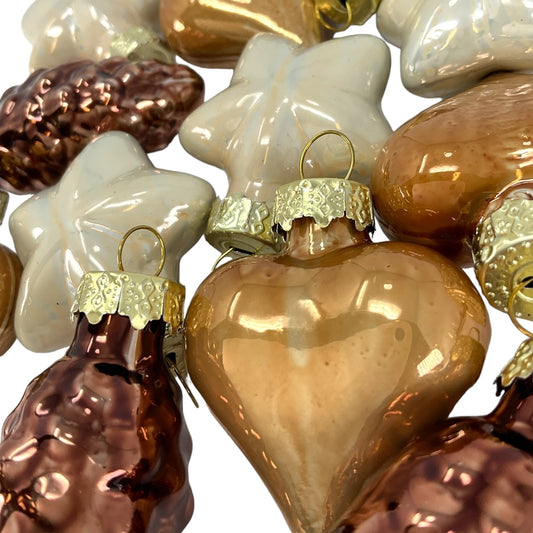 1.5 Inch Heart Pinecone and Star Brown and White Glass Christmas Ornaments 12 Piece Set