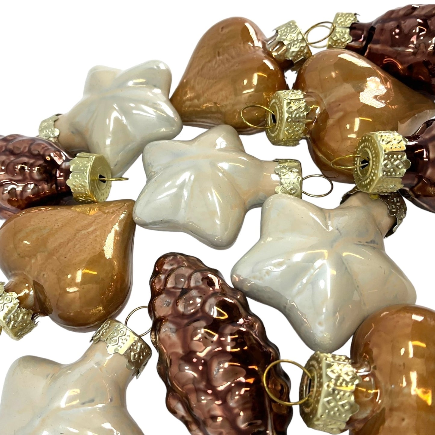 1.5 Inch Heart Pinecone and Star Brown and White Glass Christmas Ornaments 12 Piece Set