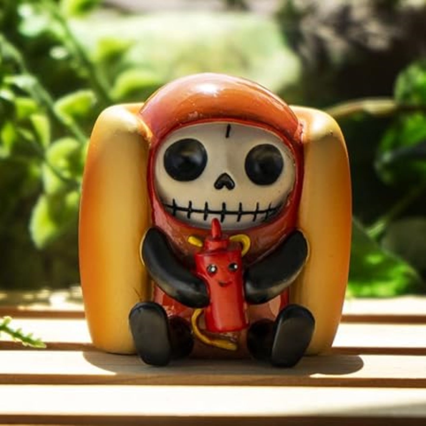 Furrybones Frank The Wiener Hotdog Bun With Ketchup Bottle Skeleton in Costume Figurine 2.4 inch