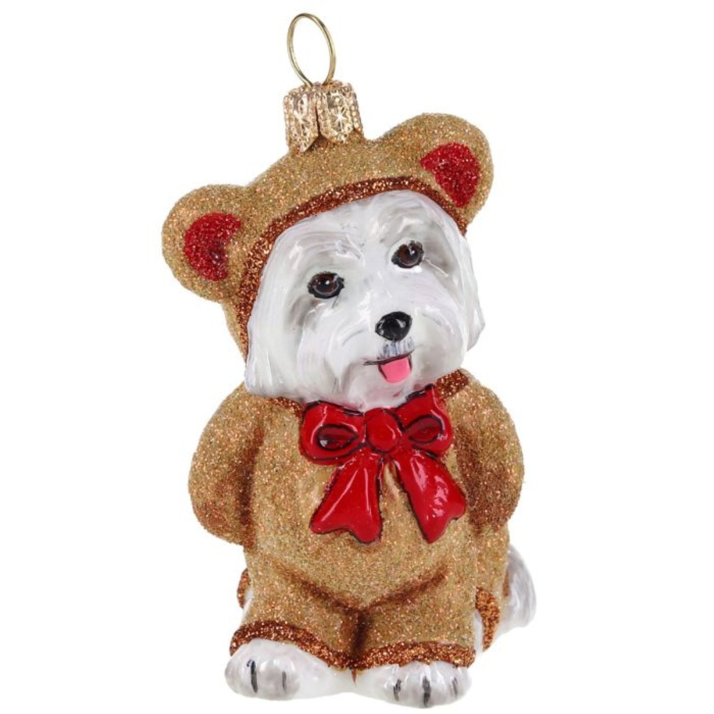 Joy to the World Maltese in Teddy Bear Sleeper Pajamas Polish Glass Ornament