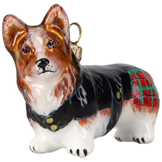 Joy to the World Pembroke Welsh Corgi in Kilt Polish Glass Ornament