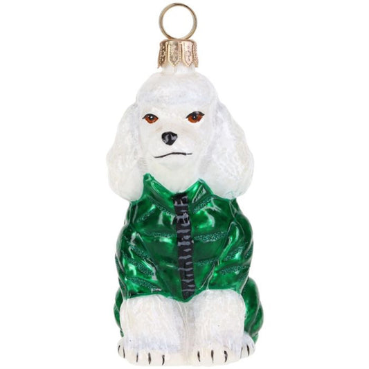 Joy to the World White Poodle in Puffer Coat Polish Glass Ornament