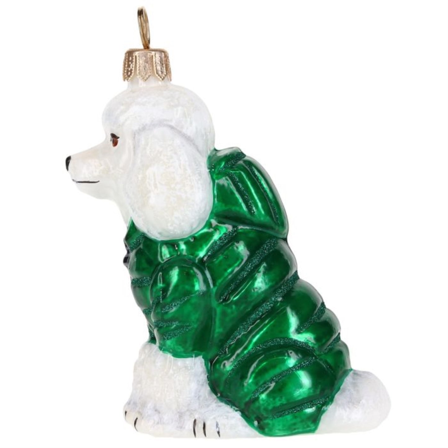 Joy to the World White Poodle in Puffer Coat Polish Glass Ornament