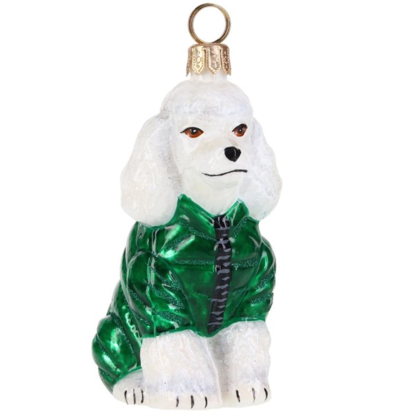 Joy to the World White Poodle in Puffer Coat Polish Glass Ornament