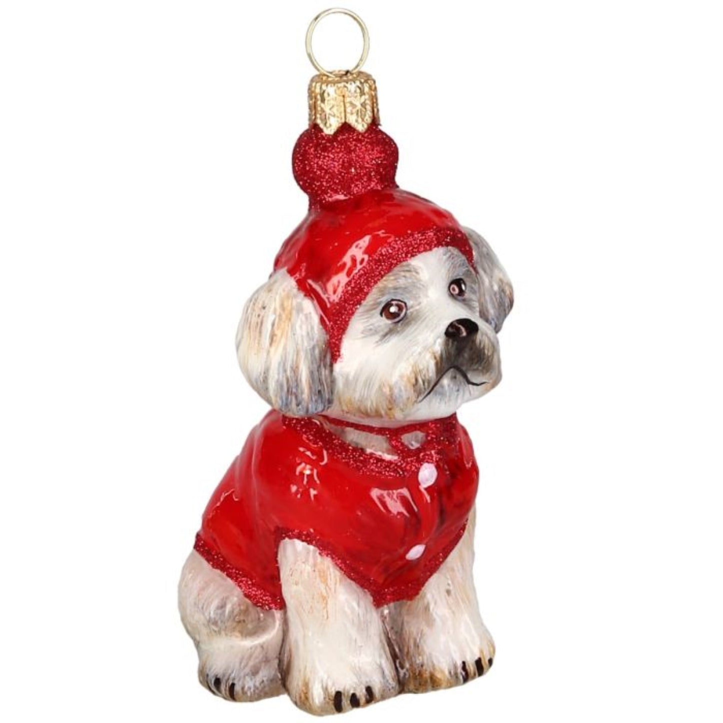 Joy to the World Shih Tzu in Winter Coat and Ski Hat Polish Glass Ornament