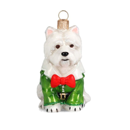 Joy to the World White Westie in Christmas Pajamas Polish Glass Ornament