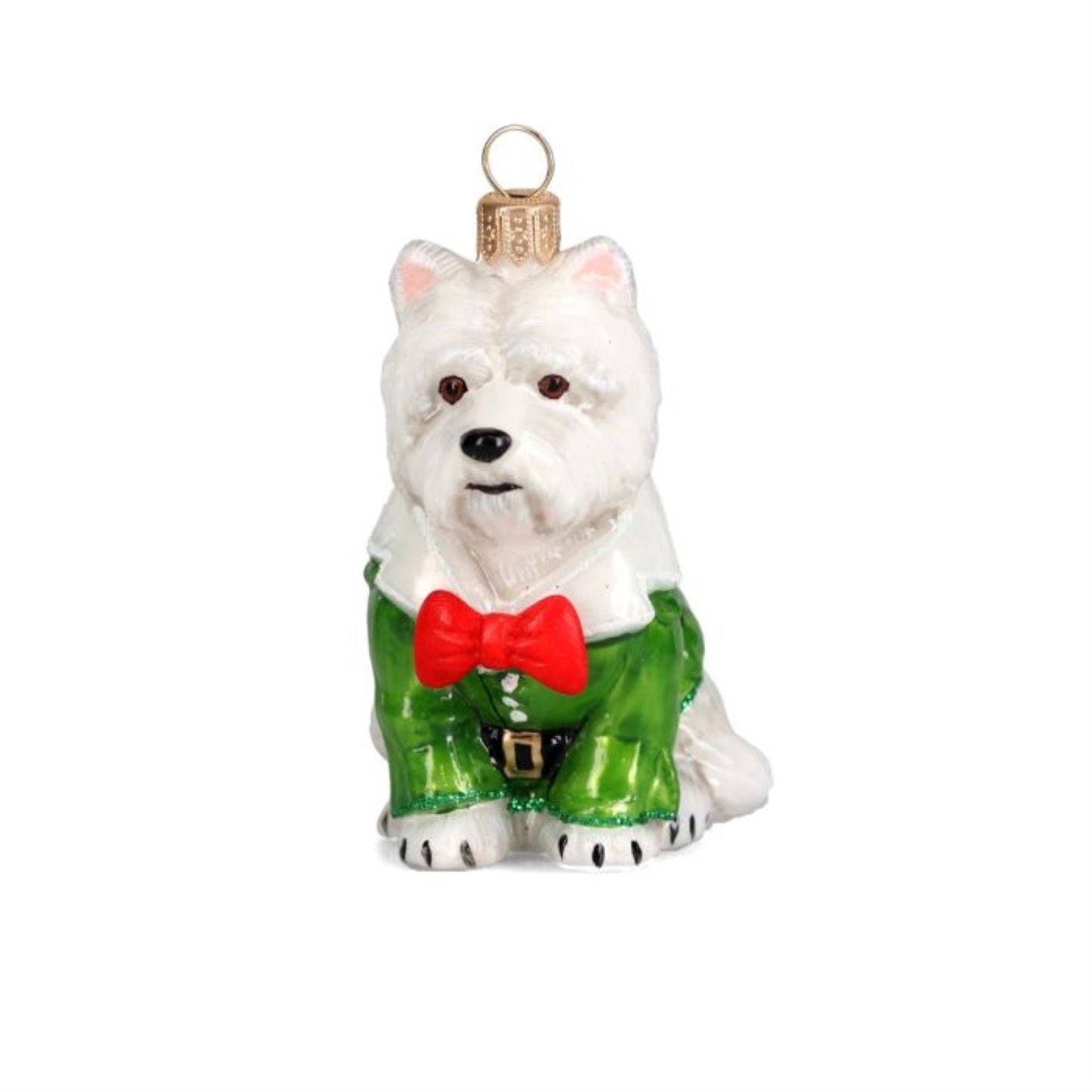 Joy to the World White Westie in Christmas Pajamas Polish Glass Ornament