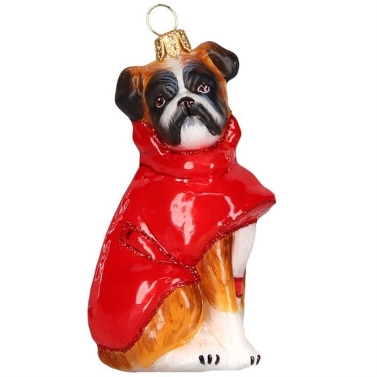 Joy to the World Boxer in Red Winter Coat Polish Glass Ornament