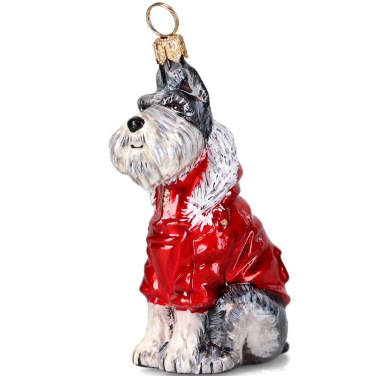 Joy to the World Gray Schnauzer in Red Winter Coat Polish Glass Ornament
