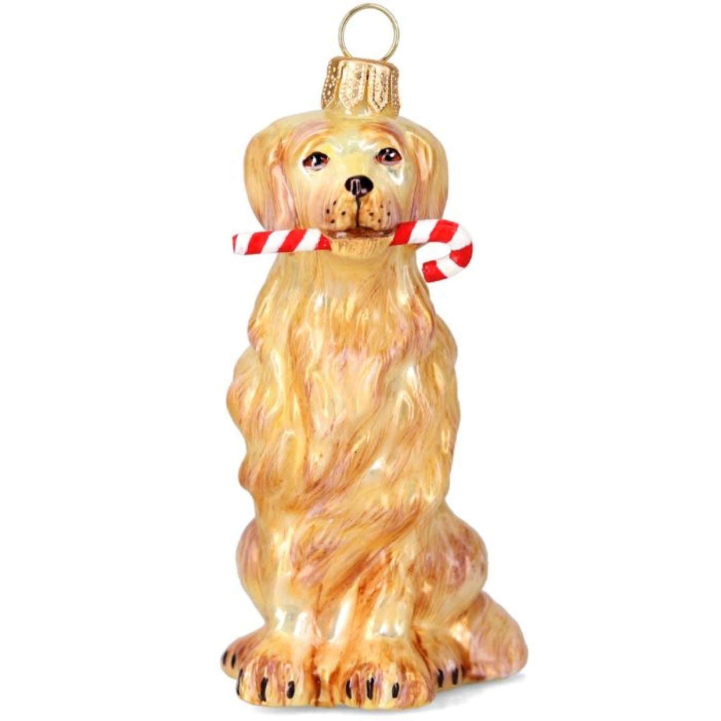 Joy to the World Golden Retriever with Candy Cane in Mouth Polish Glass Ornament