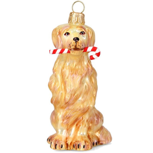 Joy to the World Golden Retriever with Candy Cane in Mouth Polish Glass Ornament