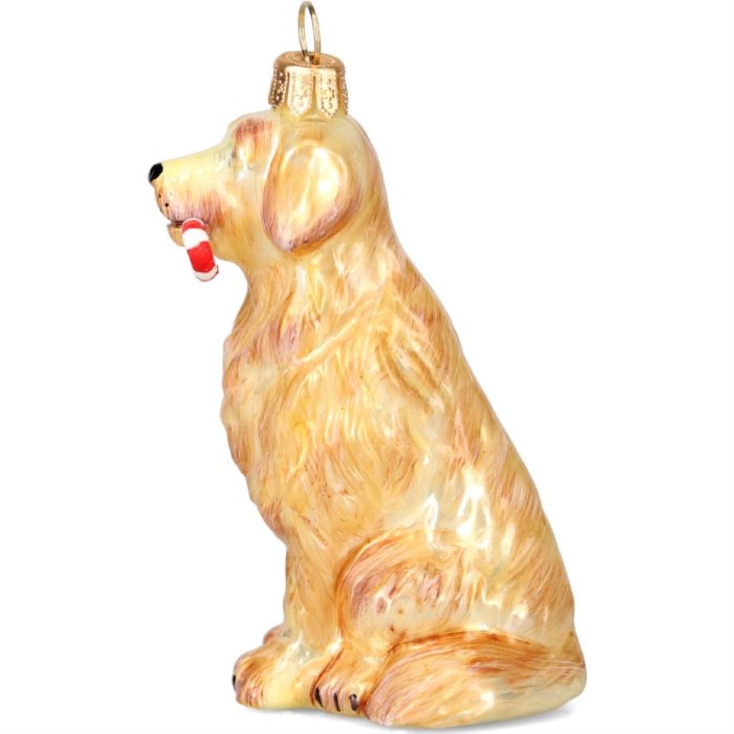 Joy to the World Golden Retriever with Candy Cane in Mouth Polish Glass Ornament