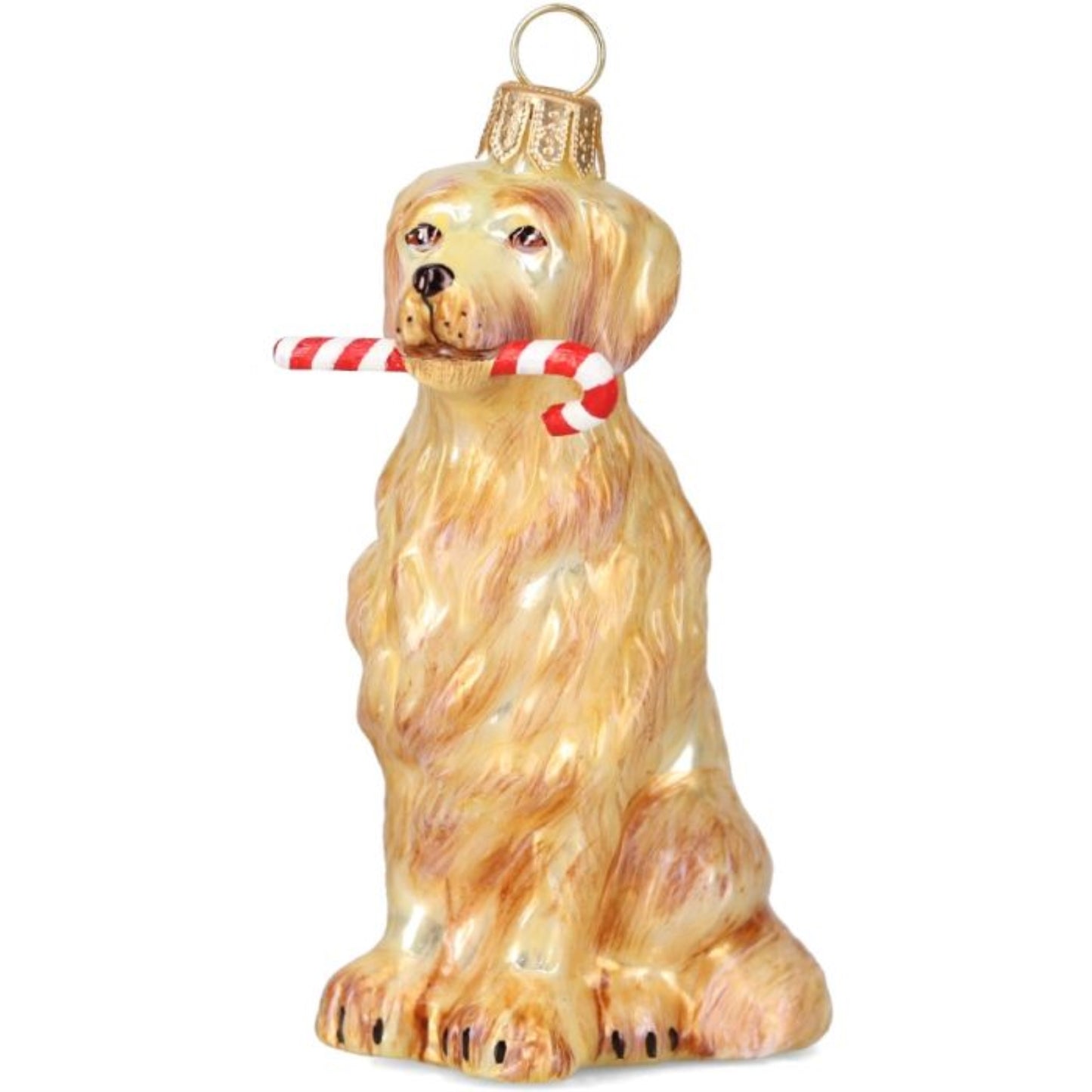 Joy to the World Golden Retriever with Candy Cane in Mouth Polish Glass Ornament