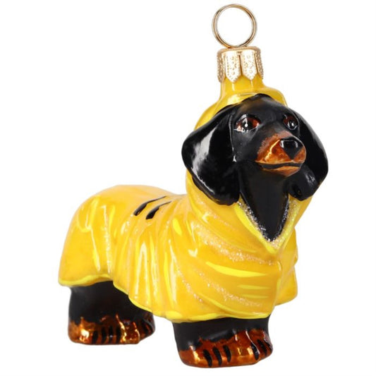 Joy to the World Black Dachshund in Yellow Rain Coat Polish Glass Ornament