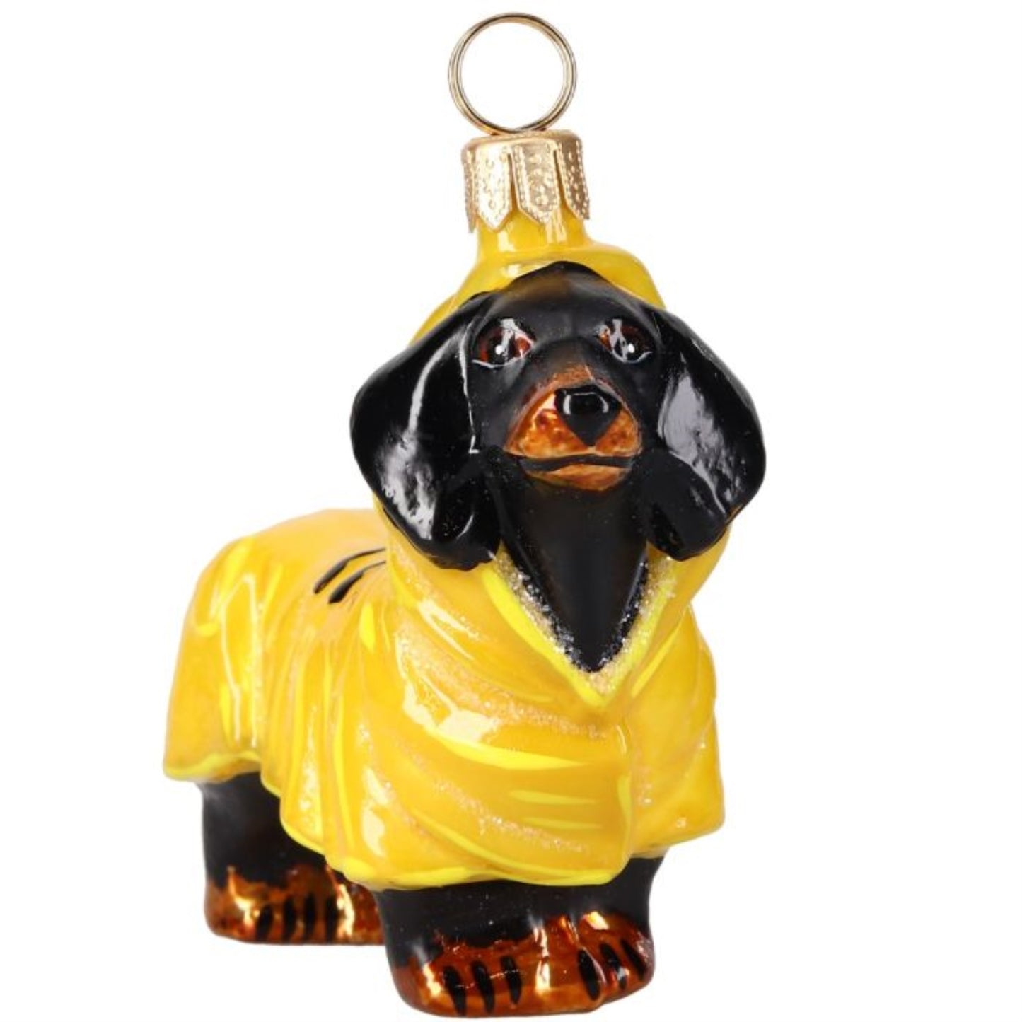 Joy to the World Black Dachshund in Yellow Rain Coat Polish Glass Ornament