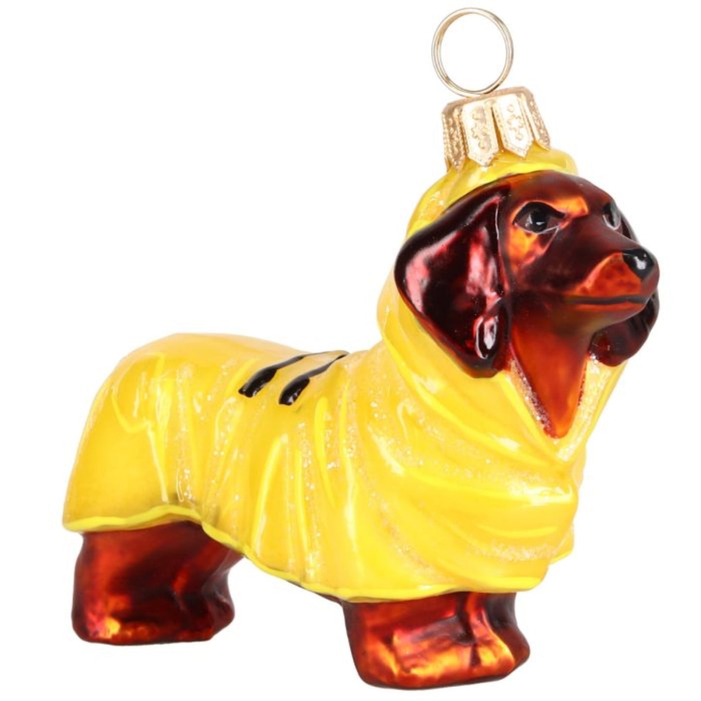 Joy to the World Red Dachshund in Yellow Raincoat Polish Glass Ornament