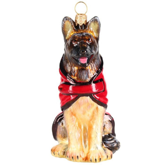 Joy to the World German Shepherd in Red and Black Jacket Polish Glass Ornament