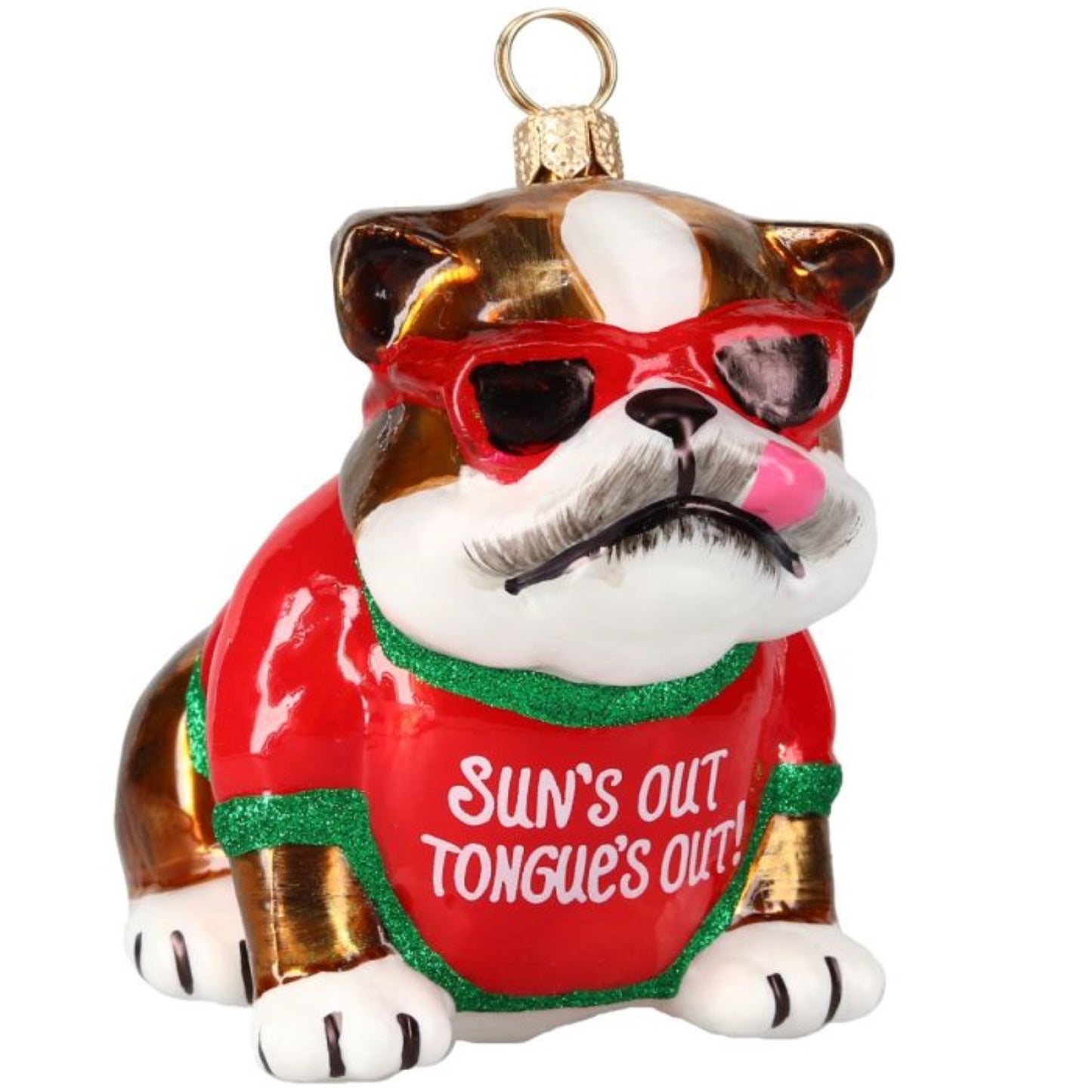 Joy to the World Bulldog wearing Sun's Out Tongue's Out Shirt Polish Glass Ornament
