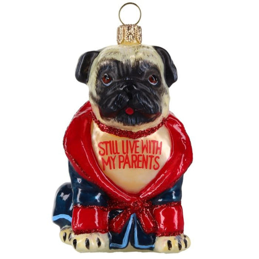 Joy to the World Pug Fawn in Bath Robe Still Live with Parents Polish Glass Ornament