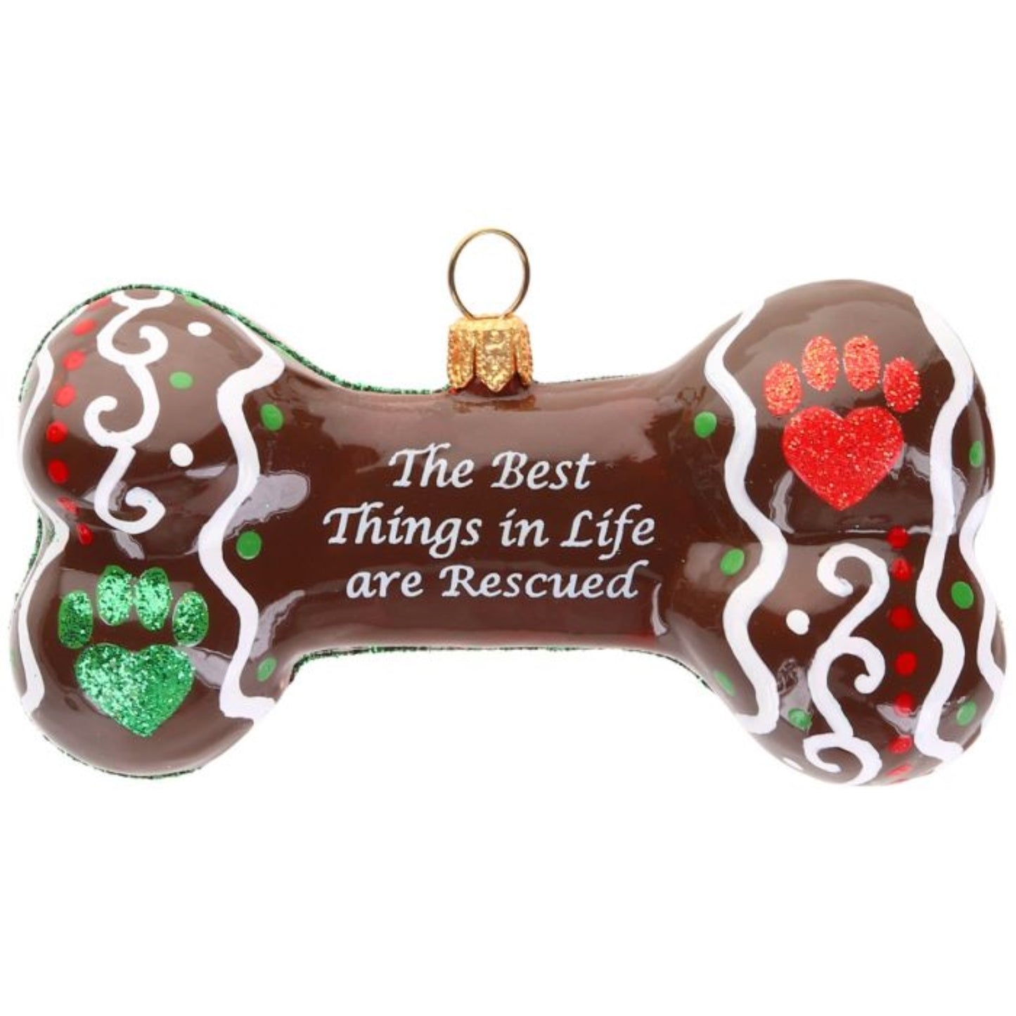 Joy to the World “The Best Things in Life are Rescued” Dog Bone Polish Glass Ornament