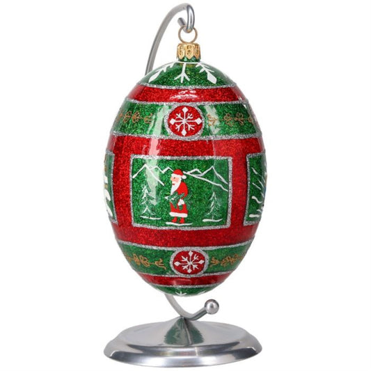 Joy to the World Glitterazzi Metallics Series Red & Green Egg Polish Glass Ornament