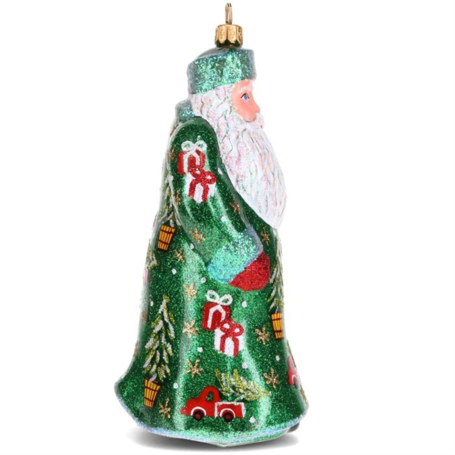 Joy to the World Glitterazzi Metallics Series Green Santa Polish Glass Ornament 6.6 Inches