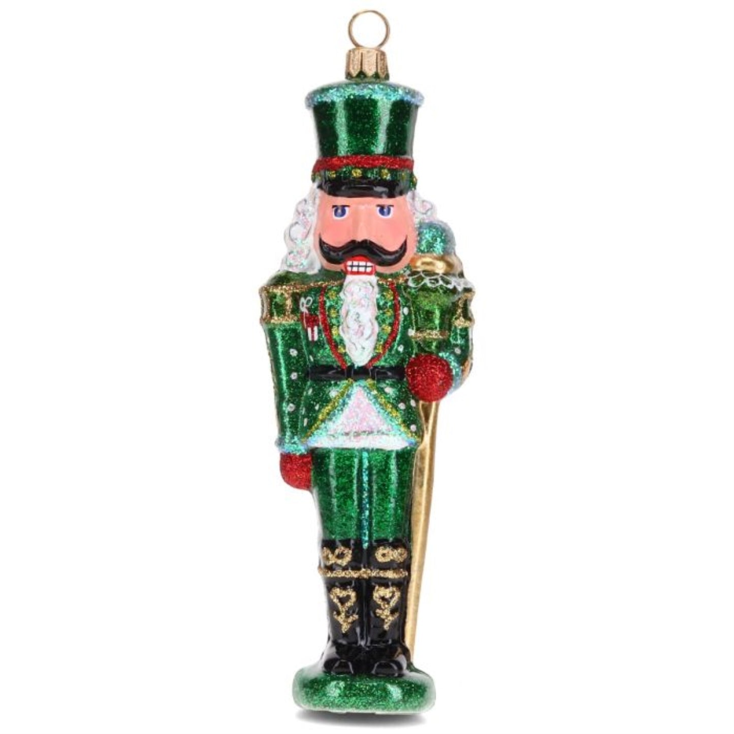 Joy to the World Glitterazzi Metallics Series Green Nutcracker Polish Glass Ornament 6 Inch