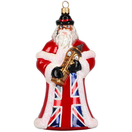 Joy to the World British Santa with Big Ben Polish Glass Ornament 6.4 Inch