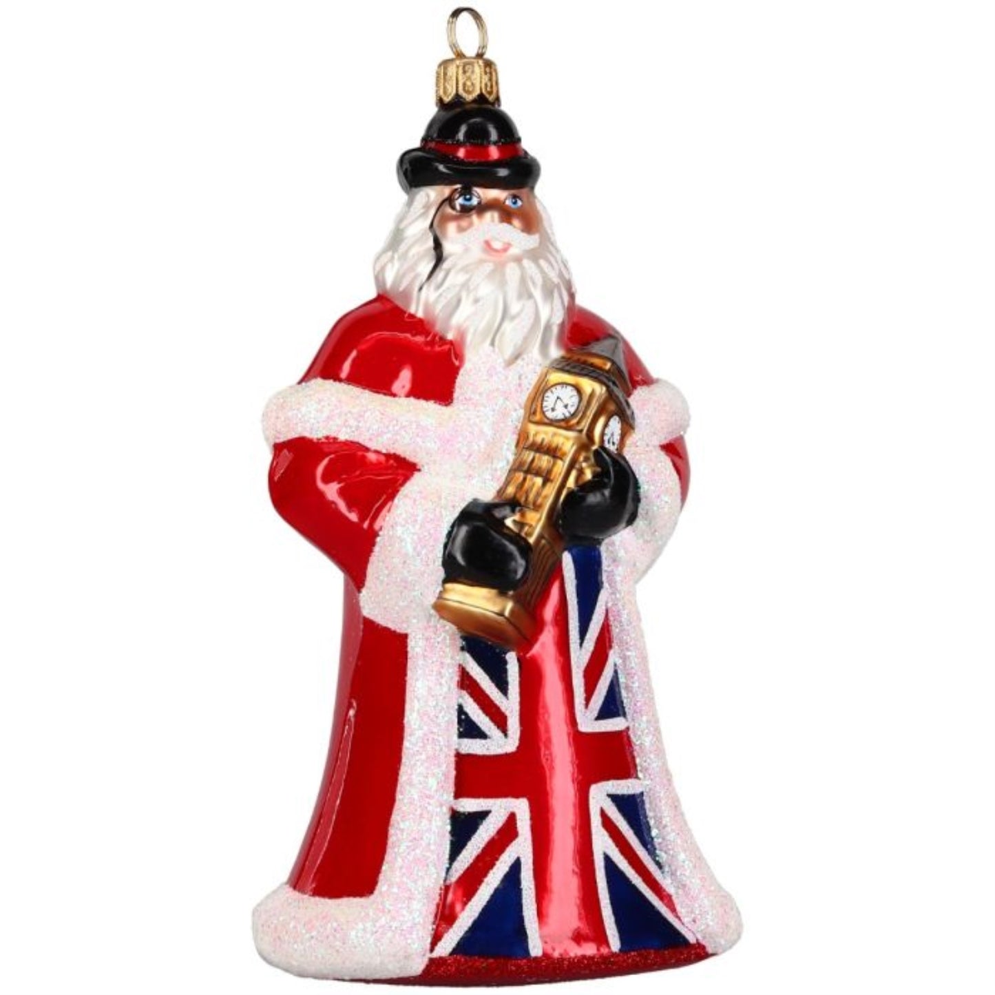 Joy to the World British Santa with Big Ben Polish Glass Ornament 6.4 Inch